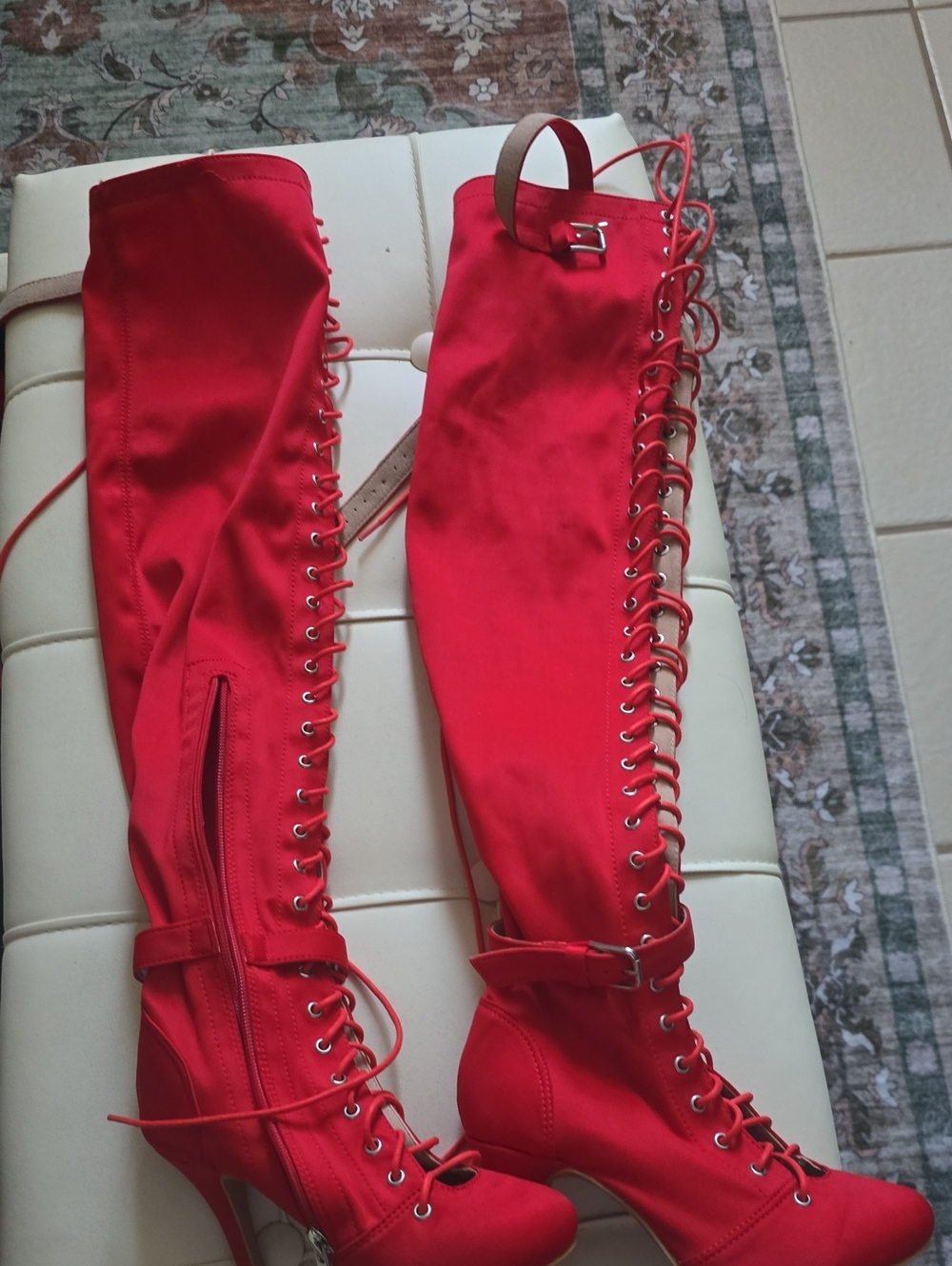 Sexy Red Lace-Up Over-the-Knee Heeled Boots